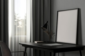 Modern workspace corner, featuring a blank framed poster on a dark desk, with a lamp and foliage