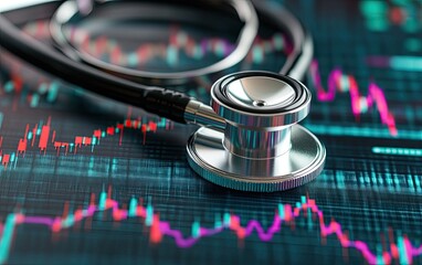 Stethoscope resting on a financial chart.  Detailed view of a medical instrument positioned atop a complex stock market graph with vibrant up and down trends