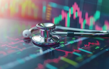 Medical stethoscope resting on a financial data display with stock market graphs.  Detailed close-up view of the stethoscope's metallic surface and the vibrant stock market chart overlay