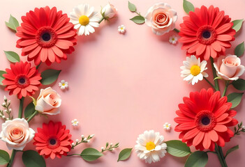 Pink and Red Flower Flat Lay with Empty Card Frame