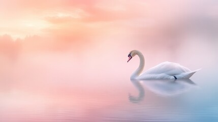 Obraz premium A serene swan floats gracefully on calm water, illuminated by the soft hues of a pink sunset sky.