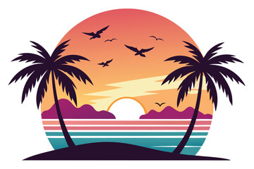 Obraz premium Silhouette palm trees and birds are featured in a tropical sunset with transparent background