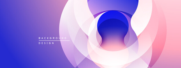 Abstract design features overlapping circles. Gradient colors blend purple, blue, pink hues. Modern aesthetic, smooth transitions present.