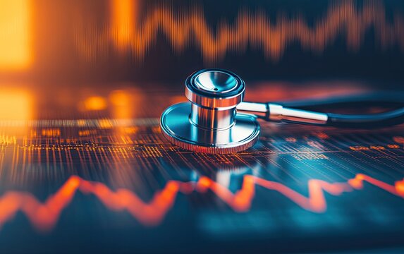 Stethoscope on a financial chart, suggesting healthcare impact on market trends