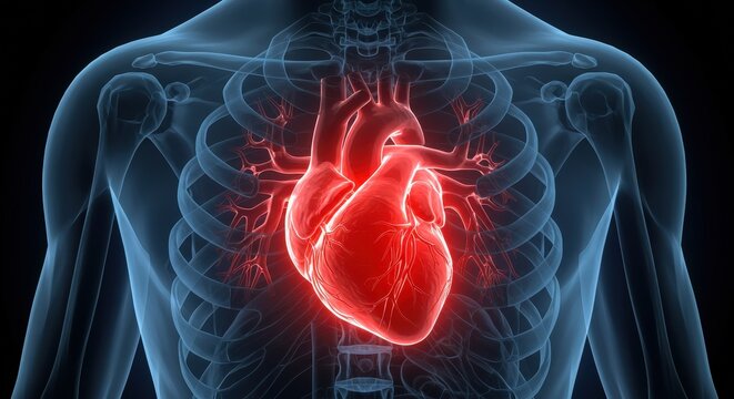 Human Heart Illustration Inside Body Skeleton Anatomical View