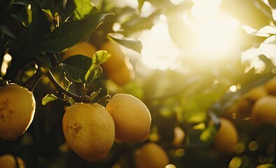 Ripe lemons hanging from branches bathed in sunlight.  Focus on clusters of fruits, lush leaves, and warm light