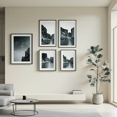 Stylish modern room featuring monochrome framed landscape prints. Minimalist furniture, soft tones, and natural light create a calm, elegant atmosphere perfect for showcasing black and white photograp