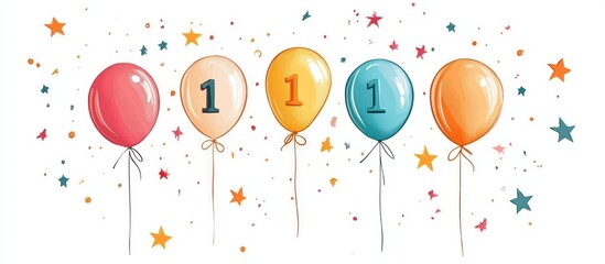 Five balloons, confetti, stars; first birthday