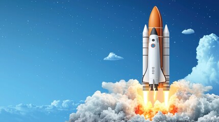 Sleek space rocket launching upward, engines ablaze, piercing the azure sky.