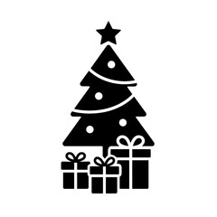  very simple flat and single minimalist Decorated Christmas Tree and Presents Silhouettes in black on a white background 