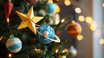 Colorful, paper Christmas tree decorations featuring origami stars and planets.
