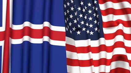 Fototapeta premium Flags of ICELAND and USA with realistic cloth texture