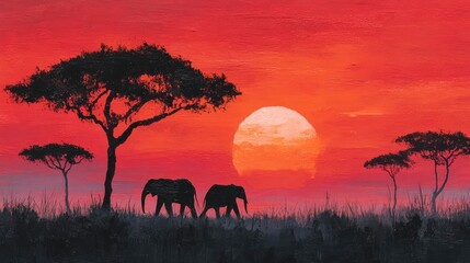 Fototapeta premium Silhouette elephants sunset savanna