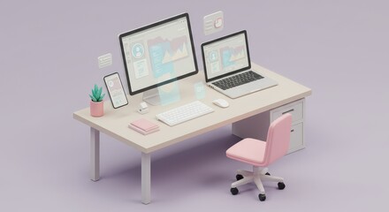 Desk Setup with Computer Laptop and Devices in Office Interior