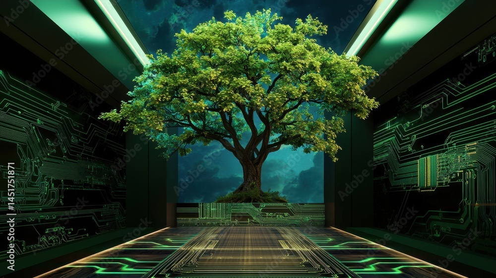 Poster tree with branches extending from a circuit board, merging natural and digital elements.