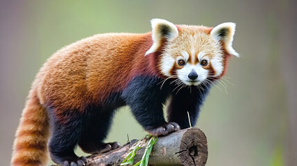 Red panda standing on log, showcasing its vibrant fur and playful expression in natural setting