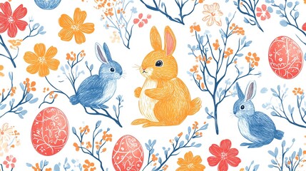 Easter bunnies flowers eggs pattern
