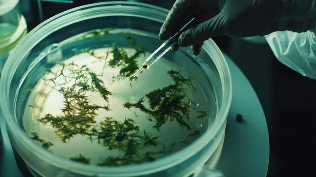 Algae research in a lab.  A gloved hand using a pipette to analyze algae samples in a clear petri dish