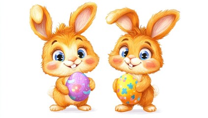 Two adorable cartoon bunnies, standing side-by-side, holding colorful Easter eggs.  Their fluffy fur, big eyes, and happy expressions create a cheerful scene