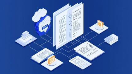 A sophisticated portrayal of artificial intelligence in document analysis, highlighting machine learning algorithms extracting valuable data from unstructured documents.