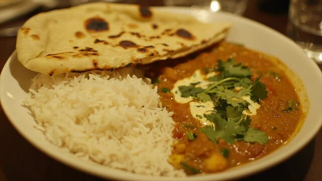 Spicy lentil curry with naan and rice