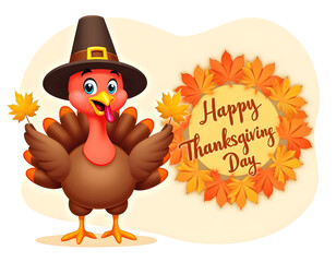 Cartoon Turkey with Pilgrim Hat and Autumn Leaves for Thanksgiving Day Greeting Design © Tridity Imagine