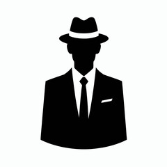  very simple flat and single minimalist Man in a Suit and Hat Silhouettes in black on a white background 