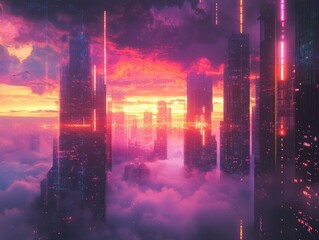 A breathtaking aerial view of a futuristic metropolis amidst the clouds at sunset featuring illuminated skyscrapers and holographic accents