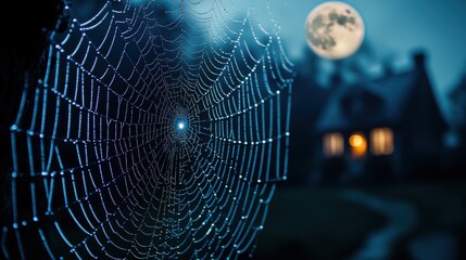 Naklejka premium Mysterious nocturnal spider web glistening with dew drops.