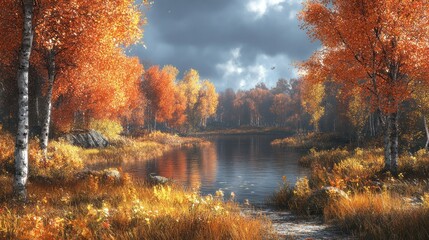 Autumnal forest landscape with river reflecting fall colors. Possible use Nature wallpaper