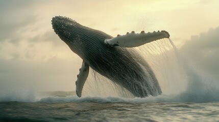 Fototapeta premium A striking image of a humpback whale leaping out of the water, capturing the moment as it breaks the surface with a powerful splash.