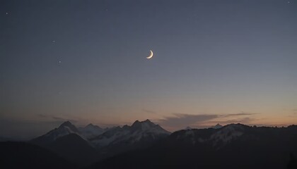 Crescent Moon Over Mountain Landscape