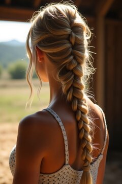 woman with a fishtail braid cascading over her shoulder, golden blonde tones, rustic outdoor barn setting, warm sunlight