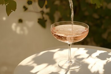 Champagne cocktail poured into a stemmed glass, outdoors on a light table. Sunlight filters through foliage