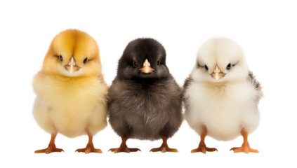 Three baby chicks standing in a row with different colors on a in a studio shot transparent background png