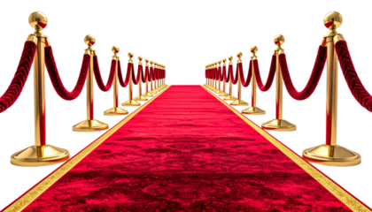 Striding along a lavish red carpet edged in gold, you’re immersed in the glamour and prestige of a high-profile VIP gala or film premiere on white Png