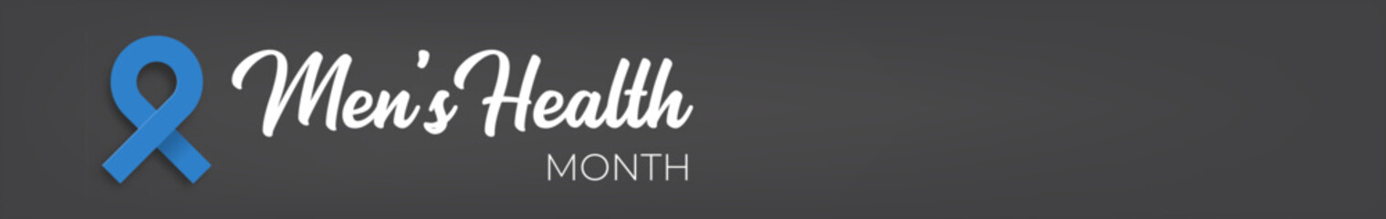 Mens health month concept wide horizontal banner design template with blue ribbon and text isolated on grey background. June is national mens health awareness month vector wide flyer or poster