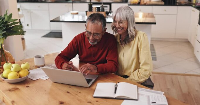 Senior, happy couple or home with laptop or documents for finance, expenses or bills together. Interracial, elderly man or woman with smile on computer for retirement plan or pension funding at house