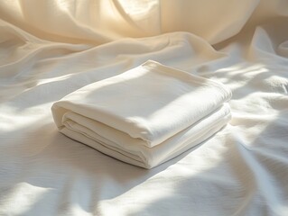 A Neatly Folded White T-Shirt Displayed on a Cream-Colored Fabric Surface Under Soft, Diffused Natural Light