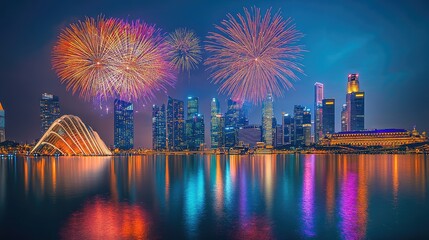 A Dazzling New Year's Eve Celebration, Spectacular Fireworks Over a Stunning Cityscape Landmark Display on 2025