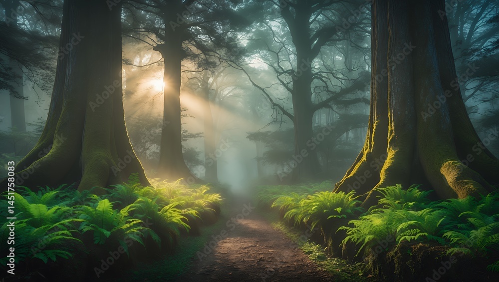 Poster forest path with sunlight through trees in fog