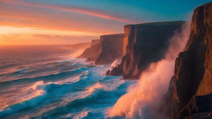 Cliff Meets Ocean Wave at Sunset