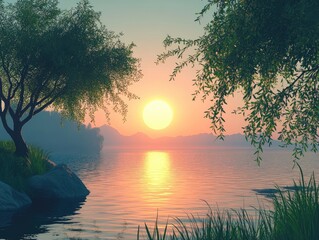 A spectacular sunset reflecting over a calm lake with silhouette trees landscape in a scenic nature background provides tranquility