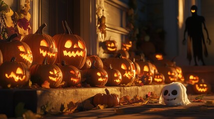Spooky Halloween display of carved pumpkins on a porch at night.