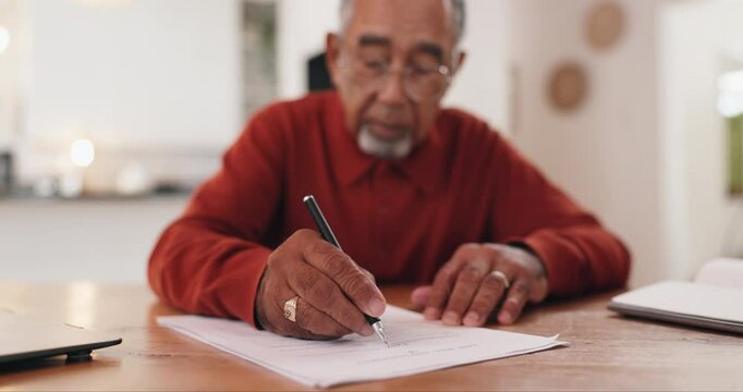 Senior man, writing and form with legal agreement for will, title deed or inheritance at home. Elderly, male person or filling in paperwork for pension contract, letter or retirement application