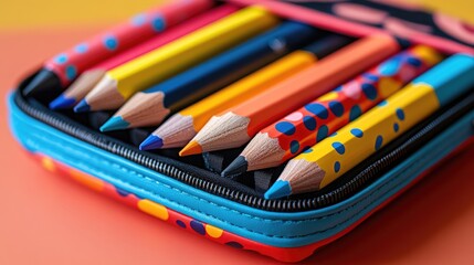 A vibrant close-up of colorful pencils in a pencil case showcasing creativity