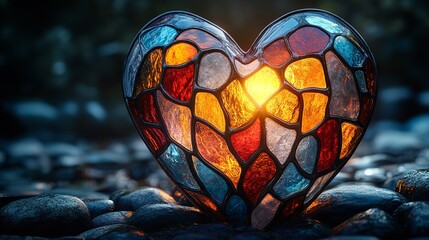 Vibrant stained glass heart backdrop for text concept