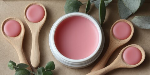 Cosmetic Flat Lay Concept. A serene composition of a natural skincare cream in a white container surrounded by wooden spoons and greenery. Ideal for beauty and wellness themes.