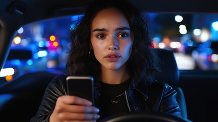 Woman distracted by phone while driving at night
