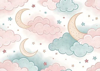 Pastel Watercolor Clouds Moons and Stars Seamless Pattern